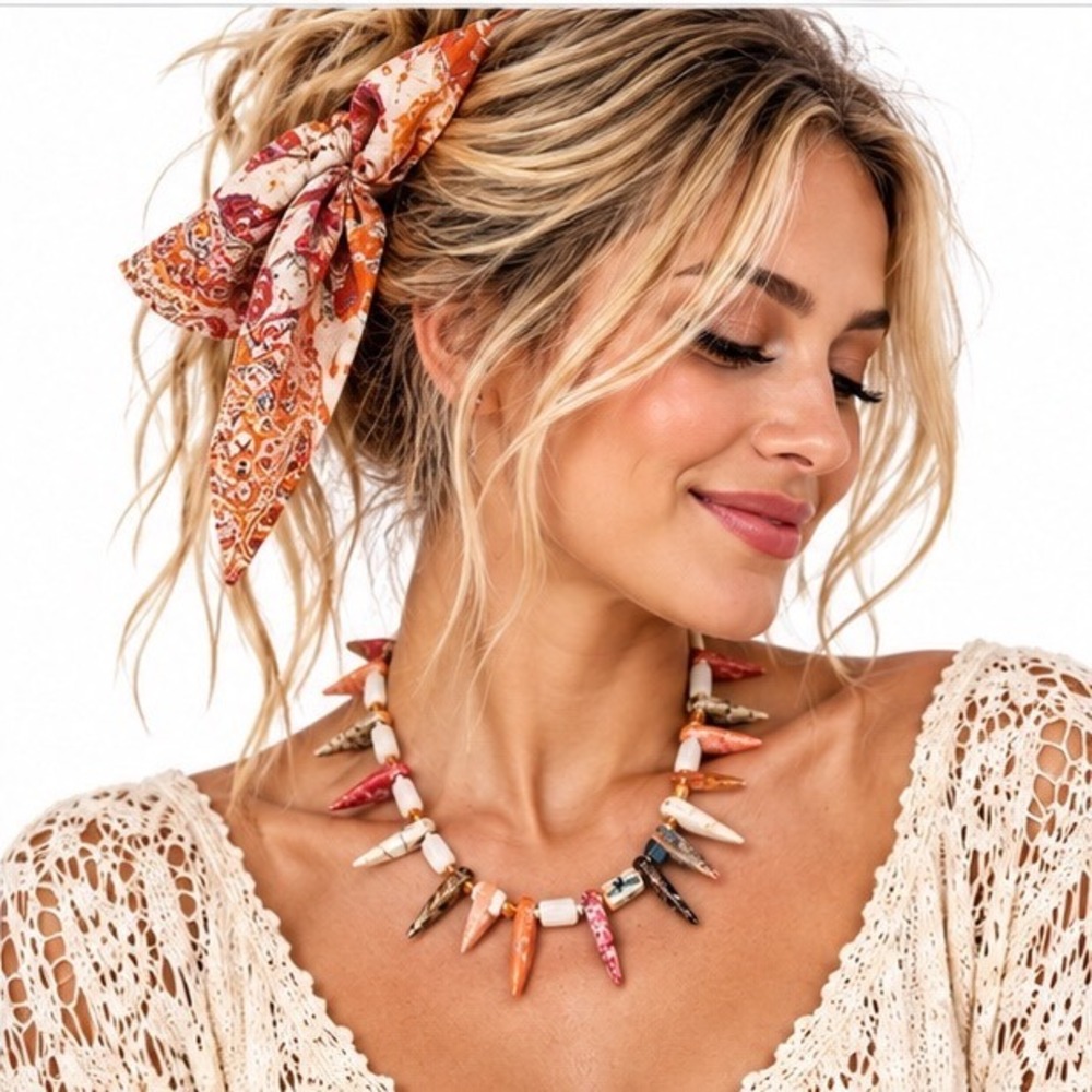 Boho Marbled Earthy Stone Spike Statement Necklace Multicolor Barrel Clasp